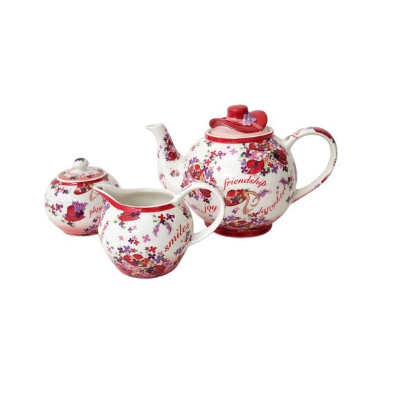 Red Hat Society Pink Chintz Teapot, Sugar and Creamer Set Cardew Designs - Picture 1 of 12